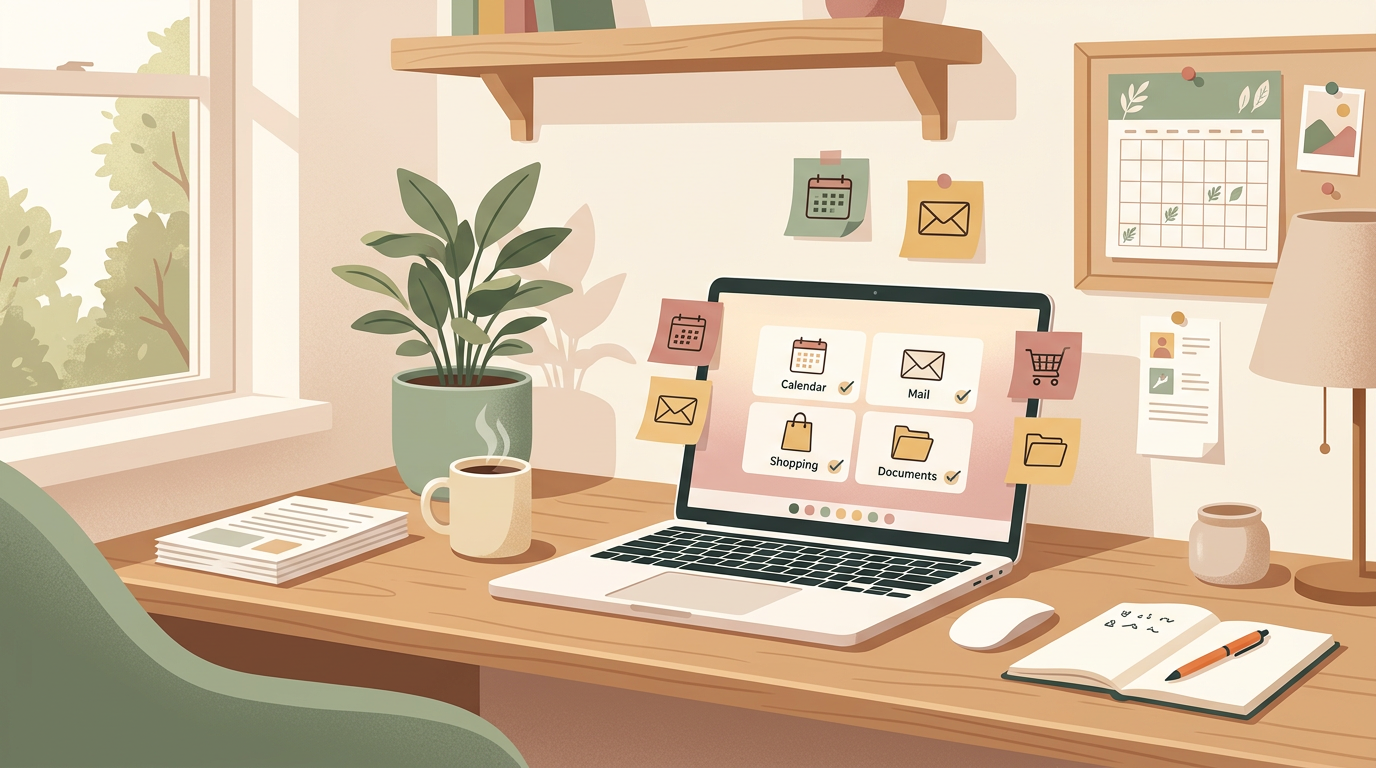Aufgeräumter Schreibtisch mit Laptop, Notizen und Haftzettel-Karten als Symbol für KI-Agenten im Alltag