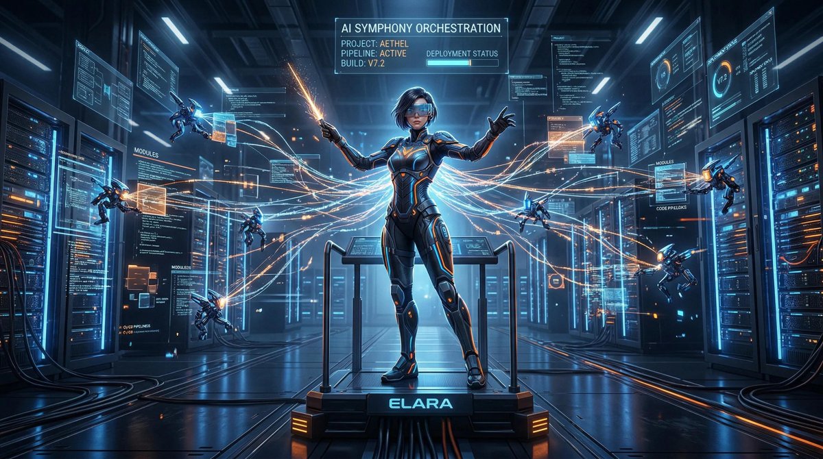 Futuristischer Dirigent, der KI-Agenten und Datenströme orchestriert