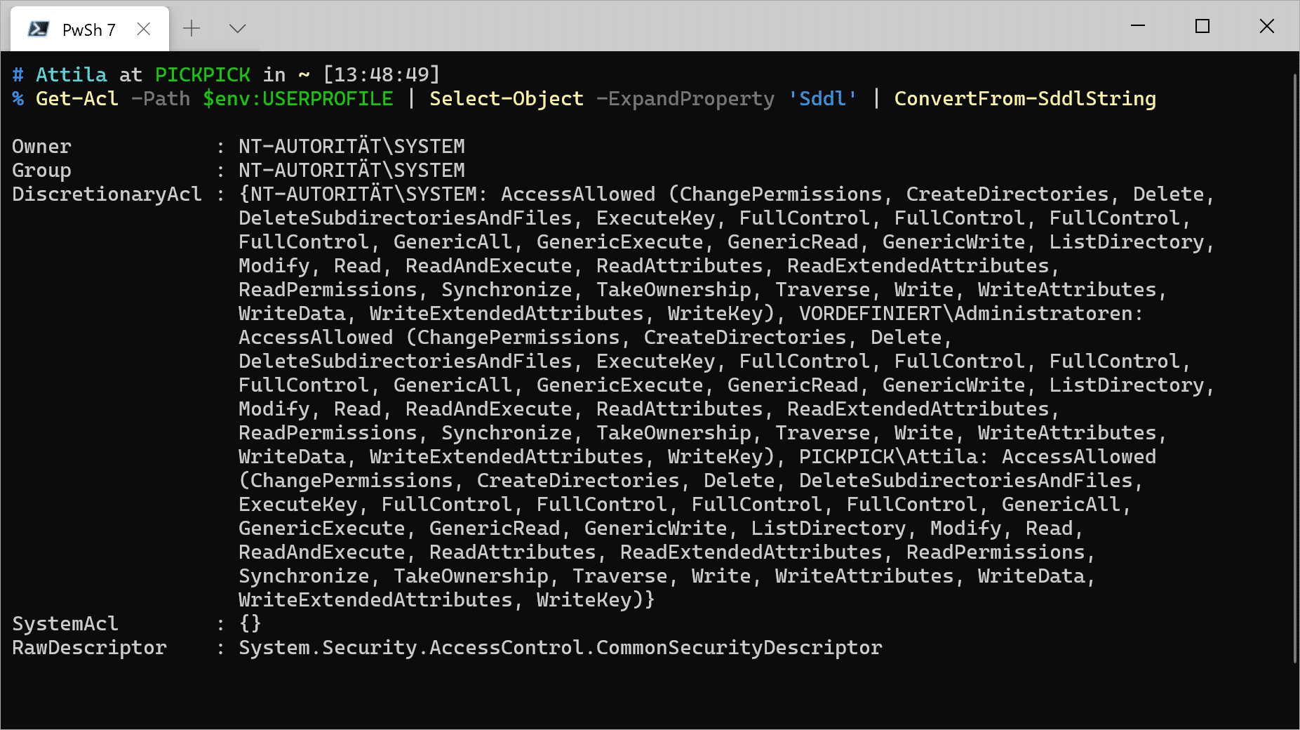 Windows Terminal Screenshot - ACL auswerten und Berechtigungen im Klartext anzeigen