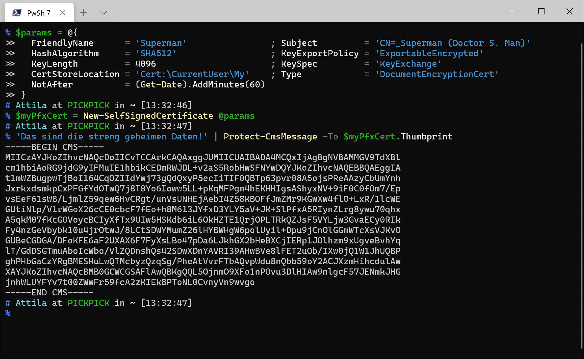 Windows Terminal Screenshot - Sensible Daten mittels CmsMessage verschlüsselt